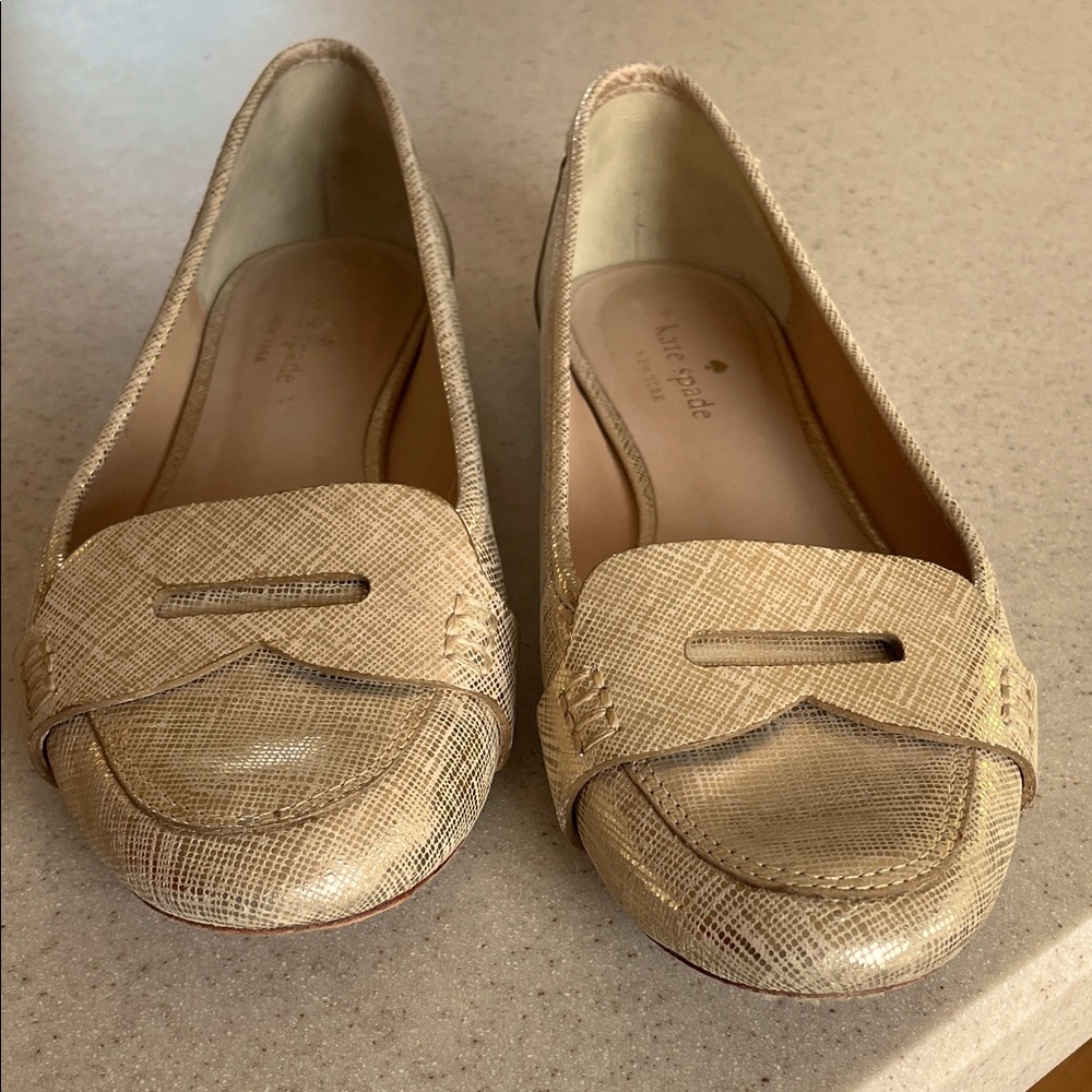 Kate Spade metallic gold driving loafers, size 7 1/2